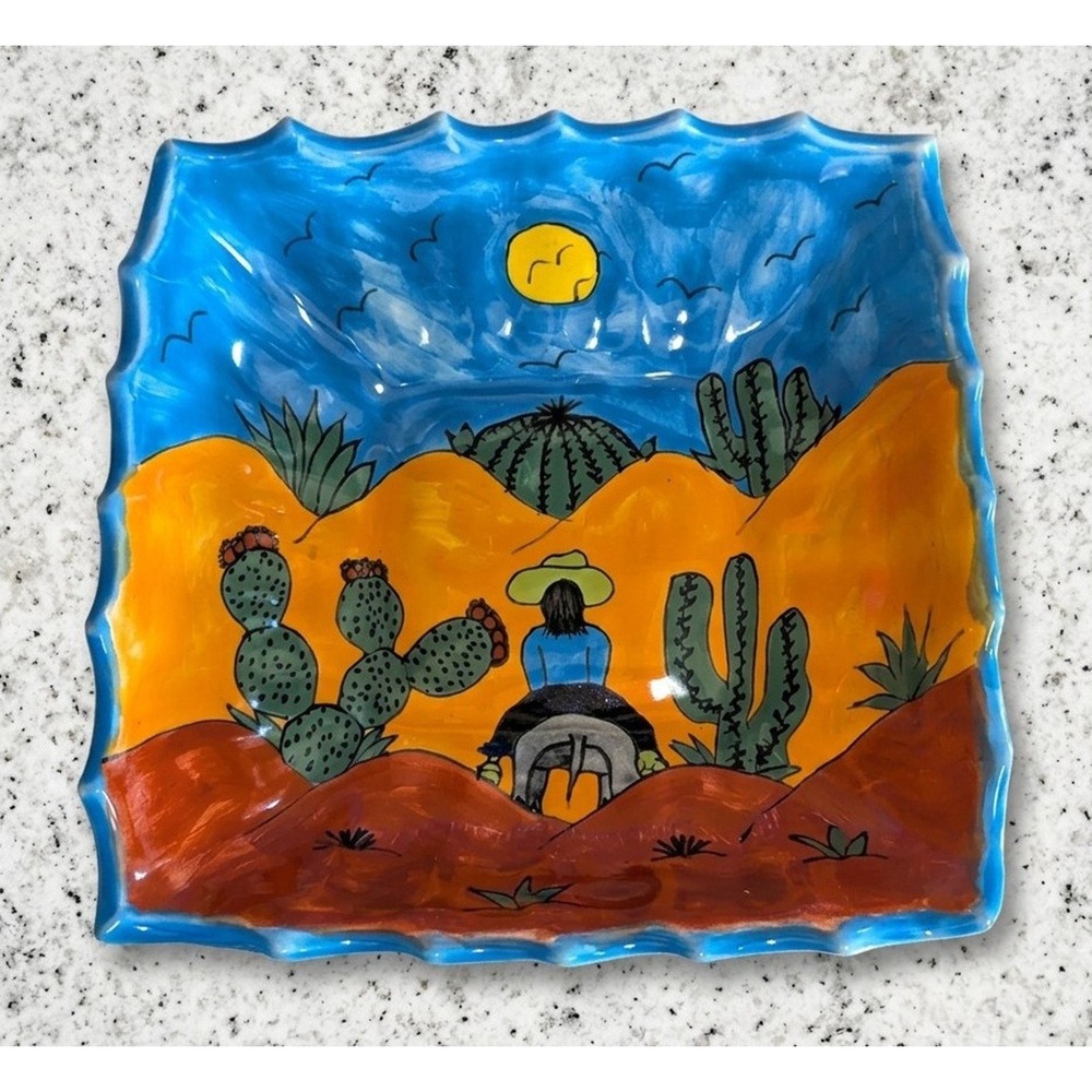 Talavera Serving/Snack Bowl, Bright Colorful Desert Scene, Scalloped, 11x11x3.25